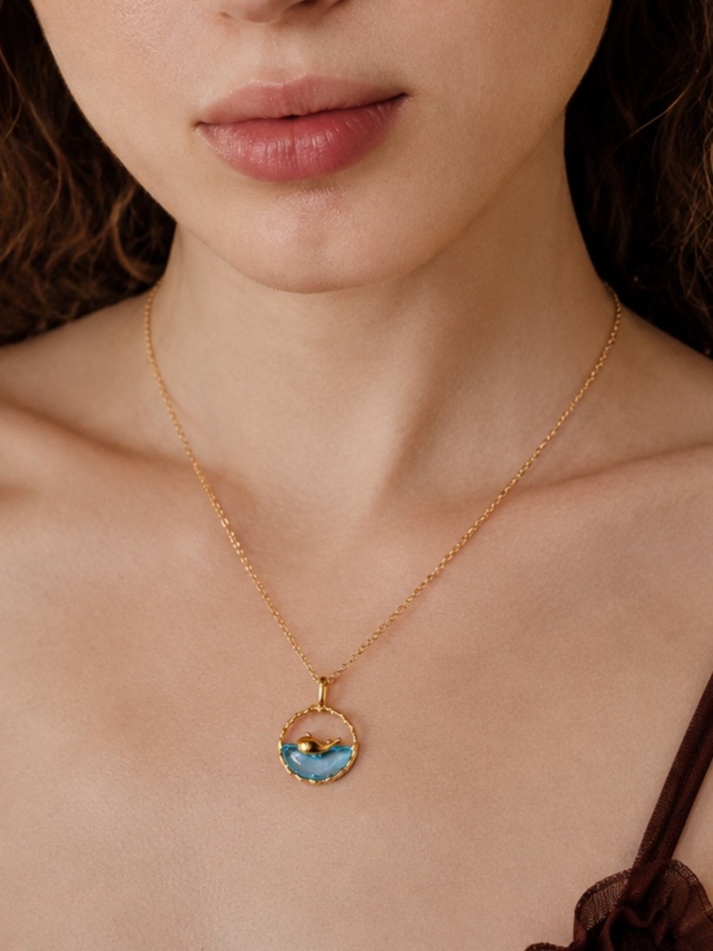 Gold Tone Pendant Necklace with Blue Enamel Wave